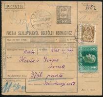 1942 Élelmiszer tartalmú 11,5 kg-os csomag szállítólevele 1P80f díjjal, hozzárögzítve a M. kir. közellátási miniszter szállítási igazolványa, "ENDRŐD" - "GYÁLPUSZTA". Rendkívül ritka csomagküldemény!