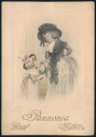 ca 1910 Hotel Pannonia dombornyomott emléklap Haranghy Jenő grafikájával 11x16 cm