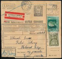 1942 Sült disznó tölteléket tartalmazó 10,3 kg-os csomag szállítólevele 1P50f díjjal, a hátoldalon 20+6+4f fekbérportóval, "DUNASZERDAHELY" - "GYÁLPUSZTA"