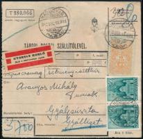 1942 Tábori posta szállítólevél 3,7 kg-os, élelmiszert tartalmazó csomagról, civil forgalomban feladva, ezért a 10f űrlap díját 1934-es illetékbélyeggel lerótták; a csomag súlydíja 80f, ez Templom 2 x 40f bélyeggel lett leróva. Rendkívül ritka civil csomagküldemény ál-vegyes bérmentesítéssel