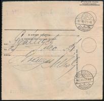 1942 Tábori posta szállítólevél 3,7 kg-os, élelmiszert tartalmazó csomagról, civil forgalomban felad...