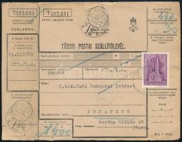 1943 Tábori posta szállítólevél 1,4 kg-os csomagról, kedvezményes 30f díjjal, "TÁBORI POSTAHIVATAL / 12 A" bélyegzéssel. A csomagot nem kézbesítették a címzettnek