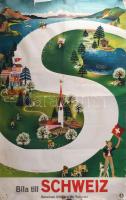 Herbert Leupin (1916-1999): Bila till Schweiz. Svéd nyelvű svájci turisztikai plakát, 1940 körül, papír, jelzett a plakáton. Lap alján Magyar Kereskedelmi Kamara Svájc részére bélyegzéssel. Sérült, foltos, 101×63,5 cm