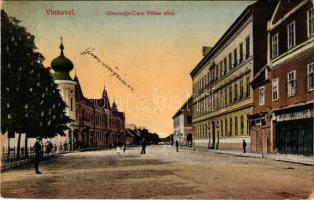 1916 Vinkovci, Vinkovce; Gimnazija i cara Vilima ulica / gimnázium / grammar school + "K.u.k. Militärzensur Osijek 4" (fl)