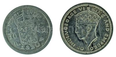 Indonézia /Holland Kelet-India 1920. 1/10G Ag + Malajzia 1945. 5c Ag "VI. György" T:AU-VF Indonesia /Netherlands East Indies 1920. 1/10 Gulden Ag + Malaysia 1945. 5 Cents Ag "George VI" C:AU-VF Krause KM#3a, KM#311