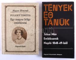 Pulszky Terézia: Egy magyar hölgy emlékiratai. Sajtó alá rendezte, az utószót és a jegyzeteket írta: Egyed Ilona. Magyar Hírmondó. Bp.,1986,Magvető. Pulszky Terézia (1819-1866) író, műfordító, újságíró, férje Pulszky Ferenc (1814?1897) politikus. Kiadói kartonált papírkötés. + Jókai Mór: Emléksorok. Napló 1848-49-ből. Szerk.: Nemeskéri Erika Bp., 1980, Magvető. Kiadói papírkötés.