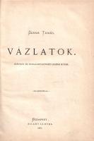 Szana Tamás:  Vázlatok. Széptani és irodalomtörténeti kisebb művek. Budapest, 1875. Zilahy Sámuel (Hunyadi Mátyás ny.) 190 + [2] p. Egyetlen önálló kiadás. Szana Tamás (1844-1908) kritikus, lapszerkesztő, az 1860-as évektől több fontos irodalmi folyóirat szerkesztője. Kötetünk többnyire folyóirataiban megjelent irodalomkritikai írásai körül szemezget. Jóllehet a kötet kiadása idején a szerző még a konzervatív Kisfaludy-Társasággal szemben létrejött Petőfi-Társaság oszlopos tagja, kritikusként hasonló társadalmi problémákat lát a kortárs ízlésben: az Arany János utáni idők lírájának erőtlenségét, a lírai műnyelv megromlását és általánosságban is romló közízlést azonosít. Ugyanakkor új jelenségeket is felfedez: elsőként ír a magyar irodalomban új műfajnak számító verses regény műfajáról, valamint az elsők között fedezi fel Walt Whitman szabadverses költészetét. A tartalomból: A művészetek és a korszellem -- Legújabb költőink és a közönség -- A népdalról -- A történelmi regény és Walter Scott -- Tragédiáink és a történetírás -- Materialisztikus irány az újabb költészetben -- Az első magyar verses regény -- Egy amerikai költő. Aranyozott gerincű korabeli félvászon kötésben. Jó példány.