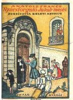 France, Anatole: Nyársforgató Jakab meséi. Fordította Keleti Arthur. (Békéscsaba), 1918. Tevan-kiadás (Tevan Adolf könyvnyomdája). 138 + [6] p. Első magyar kiadás. Anatole France (1844-1924) francia író, nemzeti intézmény, számos társadalmi kérdésben kemény álláspontot képviselő gondolkodó. Rendkívül szerteágazó, gazdag munkásságának részét képezik szatirikus írásai, ebből egy csokorra való középkori novellát adott közre 1908-ban, "Les Contes de Jacques Tournebroche" címmel, gazdag illusztrációs anyag kíséretében. A szatirikus középkori novellagyűjteményt Keleti Artúr műfordító, drámaíró, tipográfus fordította le, 1918. évi első magyar kiadásához Gara Arnold rajzolt művészi borítót. Korabeli félvászon kötésben, az aranyozott címfelirat a gerincen fekete címkén, felül vörös festésű lapszélekkel, az eredeti borítófedelek bekötve. Jó példány.