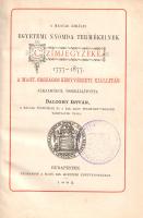 A Magyar Királyi Egyetemi Nyomda termékeinek czímjegyzéke 1777-1877. A Magy. Országos Könyvészeti Kiállítás alkalmából összeállította Baloghy István. Budapesten, 1882. Magyar Királyi Egyetemi Nyomda. VII + [1] + 272 p. Bibliográfiai kiadványunk a Magyar Királyi Egyetemi nyomda latin, magyar, német, francia, olasz, ógörög, tót, horvát, szerb, rutén, bolgár, vend, román és héber nyelvű kiadványainak katalógusa az 1777-1877 közötti időszakból. A 16. században alapított nagyszombati jezsuita nyomda 1773-ban állami intézménnyé vált, 1777-ben pedig Budára költözött. Ez az esemény egyszerre új korszakot is nyitott a nyomda életében. Nyelvenként bontásban közreadott katalógusunk emlékezetes társadalomtörténeti emlék: böngészésével a latin nyelvű kiadványok arányának csökkenése mellett kiviláglik az is, hogy a nyomda a magyar nyelvű kiadáson kívül mely években indította meg nemzetiségű nyelvű könyvkiadásait. A címlapon és a belív egy oldalán régi, szerb nyelvű gyűjteményi bélyegzés. Aranyozott gerincű korabeli félvászon kötésben. Jó példány.