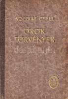 Koczkás Gyula:  Örök törvények. A fizika regénye. (Budapest), [1947]. Béta Irodalmi Rt. (Kulcsár Andor ny.) 238 p. Koczkás Gyula (1905-1986) rádióamatőr, repülőpilóta, fizikus, gimnáziumi, később egyetemi tanár. Olvasmányos stílusban írt, szövegközti rajzokkal és ábrákkal, tudósportrékkal gazdagon illusztrált tudomány- és technikatörténeti ismeretterjesztő műve a modern találmányokon keresztül bizonyítja be a fizikai ismeretek fontosságát. A munka első kiadása 1943-ban jelent meg, második kiadásból való példányunk már sejteti a távolbalátó készülék (televízió) éveken belüli piacra kerülését, és megemlékezik az atomrombolás jelenségéről is. Példányunk fűzése az előzékeknél enyhén meglazult. (Emberi alkotás regénye.) Aranyozott, enyhén sérült gerincű kiadói félvászon kötésben. Jó példány.