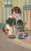 Children with Black puppet