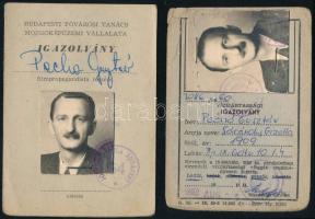 1960-1961 Vízijártassági igazolvány + Budapesti Fővárosi Tanács Mozgóképüzemi Vállalata által kiállított fényképes igazolvány, mindkettő Pechó Gusztáv részére