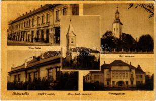 Mátészalka, utcarészlet, római katolikus és református templom, MÁV osztály, vármegyeháza, gyógyszertár, mezőgazdasági bank (fa)