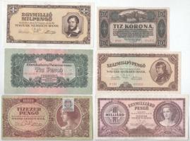 Vegyes 6db-os magyar bankjegytétel, benne: 1920-1946. 10P - 1.000.000.000P (4xklf) + 10K + 1.000.000MP T:F