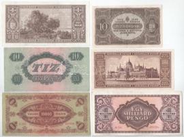 Vegyes 6db-os magyar bankjegytétel, benne: 1920-1946. 10P - 1.000.000.000P (4xklf) + 10K + 1.000.000...
