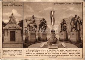 1935 Concorde tér Párizsban és a Szabadság tér Budapesten. Trianon irredenta szoborcsoport, Országzászló. Magyar Földrajzi Intézet rt. nyomása / Paris, Place de la Concorde - Budapest, Place de la Liberté; Hungarian irredenta propaganda, Trianon map on the backside (EB)