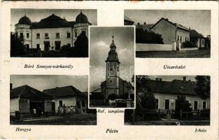 1955 Pácin, Báró Sennyei kastély (Mágóchy-Alaghy-Sennyei várkastély), utca részlet, református templom, iskola, Hangya szövetkezet üzlete és saját kiadása (vágott / cut)