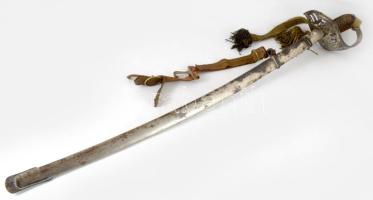 1904M díszelgő szablya, 2 db kardbojttal (IV. Károly + Szent Koronás tiszti kardbojt), bőr csatlékkal, hüvellyel. Korának megfelelő, némileg viseltes állapotban, h: 92 cm