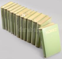 Móricz Zsigmond regényei és elbeszélései 1-12. köt. Szerk.: Czine Mihály, Nagy Péter, és Vargha Kálmán. Bp.,1962-1965., Magyar Helikon. A sorozat tipográfiáját és kötését Haiman György tervezte. Számozott példányok, kötetenként eltérő számozással. Kiadói aranyozott egészbőr-kötések, műanyag védőborítóban, az első kötetről hiányzó műanyag védőborítóval, jó állapotban.