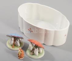 Porcelán tétel, Kispest és Drasche nyúlpár ernyő alatt + kis medve figura + bonbonier fedél nélkül.
