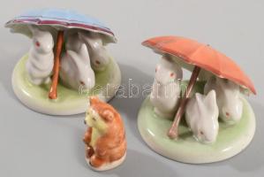 Porcelán tétel, Kispest és Drasche nyúlpár ernyő alatt + kis medve figura + bonbonier fedél nélkül