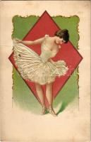 Dombornyomott balerina művészlap / Ballet dancer. Art Nouveau, Emb. litho (gyűrődés / crease)