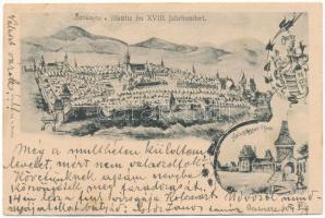 1904 Beszterce, Bistritz, Bistrita; A 18. században. Th. Botschar kiadása / Bistritz im XVIII. Jahrhundert, Holzgässer Tor / Bistrita in the 18th century, city gate. Art Nouveau (EB)