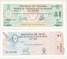 Argentína / Salta 1986. 1A helyi bankjegy + Argentína / Tucuman 1988. 1A helyi bankjegy T:UNC Argentina / Salta 1986. 1 Austral local banknote + Argentina / Tucuman 1988. 1 Austral local banknote C:UNC Krause P#S2612b, P#S2711 Colantonio#099