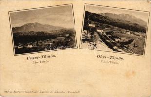 Felsőtömös, Felső-Tömös, Timisu de Sus (Brassó, Kronstadt, Brasov); Alsó-Tömös és Felső-Tömös látképe, vasútvonal, hajtány. Julius Müller utóda Tartler &amp; Schreiber kiadása / general view of Timisu de Jos and Timisu de Sus, railway line with handcar (fl)