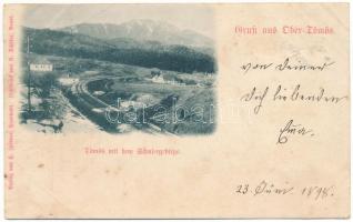 1898 Felsőtömös, Felső-Tömös, Timisu de Sus (Brassó, Kronstadt, Brasov); Tömös mit dem Schulergebirge / Keresztényhavas, vasúti pálya, hajtány. H. Zeidner kiadása, A. Schäser felvétele / Postavaru, railway track, handcar (b)