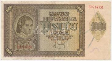 Horvátország 1941. 1000K T:F,VG Croatia 1941. 1000 Kuna C:F,VG