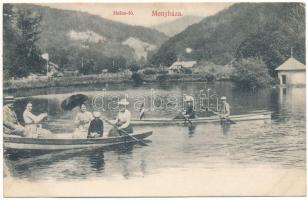 1909 Menyháza, Monyásza, Moneasa; Halastó, csónakázók / fishpond, lake, rowing boats + "GURAHONCZ - ARAD 69. SZ." vasúti mozgóposta bélyegző (EK)