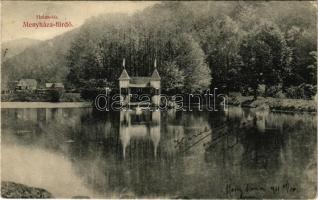 1911 Menyháza, Monyásza, Moneasa; Halastó / fishpond, lake + "BOROSSEBES P.U." pályaudvar bélyegző "GURAHONCZ - ARAD 69. SZ." vasúti mozgóposta bélyegző (EK)