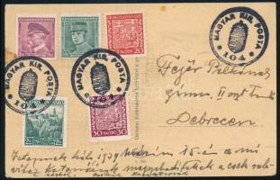1939 Nagyszőllős képeslap "MAGYAR KIR. POSTA 104" kisegítő bélyegzéssel Debrecenbe