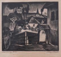 Nagy Nándor (1894-1979): Nyárádselye (Erdély), 1938. Linómetszet, papír, jelzett, üvegezett fakeretben, 10×11 cm.