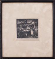 Nagy Nándor (1894-1979): Nyárádselye (Erdély), 1938. Linómetszet, papír, jelzett, üvegezett fakeretb...