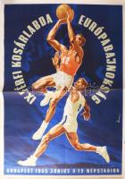 1955 XI. Férfi Kosárlabda Európabajnokság. Ofszet, papír, Vincze (?) jelzéssel a plakáton. Budapesti Szikra Nyomda. Sérült, kettészakadva. 82,5×58 cm