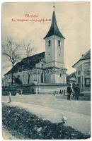 Bácsfalu, Négyfalu, Sacele; Evangélikus templom a községházával. W.L. Bp. 6101. / Lutheran church, town hall (EM)