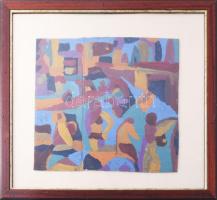 Csepeli Németh Miklós (1934-2012): Társaság. Olaj, karton, jelzett. Dekoratív, üvegezett, kissé kopott fakeretben, 35x38 cm