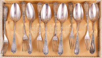 6 személyes ezüstözött kanál és villa készlet, dobozában, jelzett, h: 17 cm