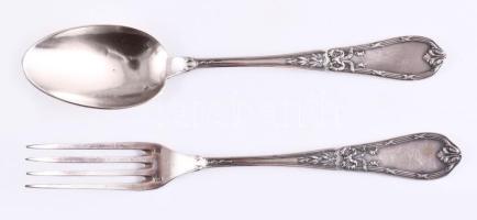 6 személyes ezüstözött kanál és villa készlet, dobozában, jelzett, h: 17 cm