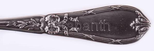 6 személyes ezüstözött kanál és villa készlet, dobozában, jelzett, h: 17 cm