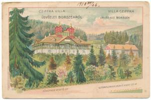 1910 Borszék, Borsec; Főkúthoz vezető út, újtemplomhoz vezető erdei út, Cziffra villa. Radó Jenő és Gyula szecessziós litho / villa, road. Art Nouveau, litho (EK)
