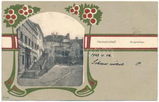 1903 Nagyszeben, Hermannstadt, Sibiu; Várlépcső. Carl F. Jickeli kiadása, szecessziós-virágos litho keret / Burgerstiege / castle staircase. Art Nouveau, floral, litho frame (fl)