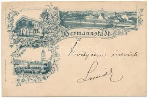 1898 Nagyszeben, Hermannstadt, Sibiu; Haus des Siebenbürgischen Vereins für Naturwissenschaften, Kleiner Ring mit Rathausturm / Városháza tornya, Erdélyi Természettudományi Társaság Háza, Természettudományi Múzeum, látkép. Szecessziós-virágos keret / town hall, house of the Transylvanian Society of Natural Sciences, Natural History Museum. Carl F. Jickeli Art Nouveau, floral (r)
