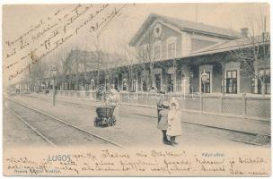 1904 Lugos, Lugoj; Pályaudvar, vasútállomás. Nemes Kálmán kiadása / railway station (szakadás / tear)