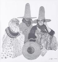 Fuad Al-Futaih (1948-2018), jemeni művész: Hármasfogat (cím nélkül). Nyomat, papír. Üvegezett fakeretben, 36,5x33,5 cm