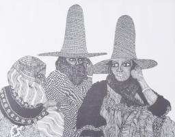 Fuad Al-Futaih (1948-2018), jemeni művész: Hármasfogat (cím nélkül). Nyomat, papír. Üvegezett fakere...