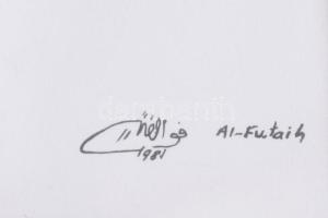 Fuad Al-Futaih (1948-2018), jemeni művész: Hármasfogat (cím nélkül). Nyomat, papír. Üvegezett fakere...