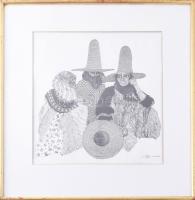 Fuad Al-Futaih (1948-2018), jemeni művész: Hármasfogat (cím nélkül). Nyomat, papír. Üvegezett fakere...